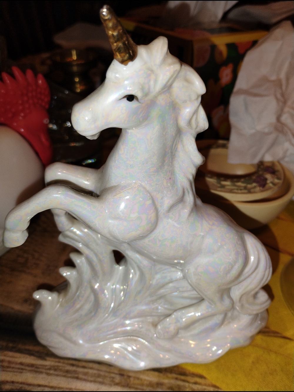 Iridescent White Ceramic Unicorn Figurine with Gold Horn - Decorative Accent
